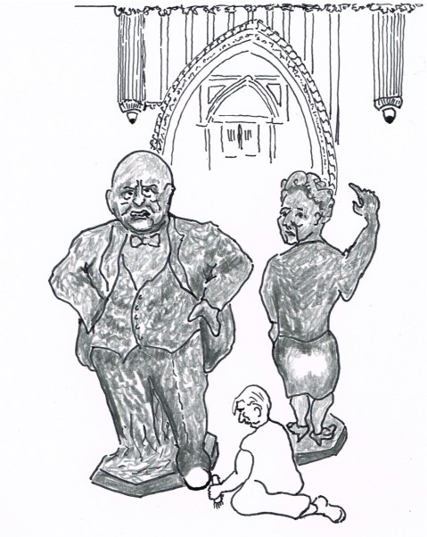 Statues of British  Prime Ministers Churchill and Thatcher are showing signs of wear because M.P.s  touch the statues for luck when entering the House of Commons