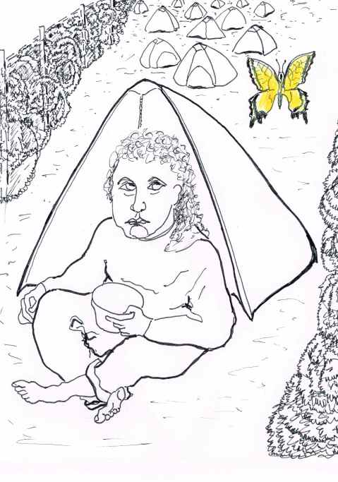 A Gross Nimby flutters by a Syrian child.